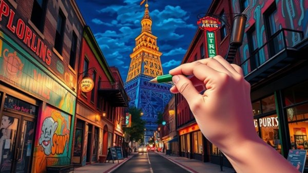 Vibrant mural art of Upstate South Carolina arts community at night.