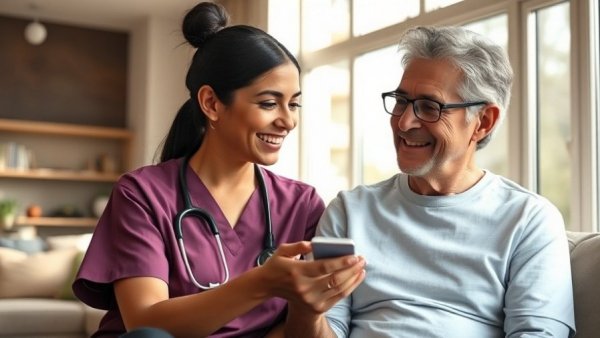 Nurse and patient discussing medication in a bright living room, highlighting the impact of cannabis on sleep quality.