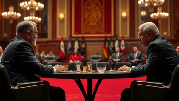 Official meeting on college sports reform in a grand hall.