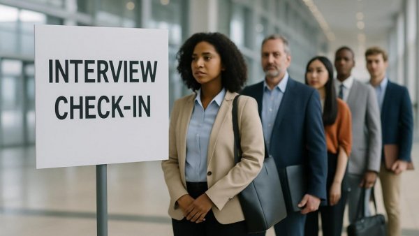 Veterans waiting in line at a job fair check-in, highlighting jobless rates.