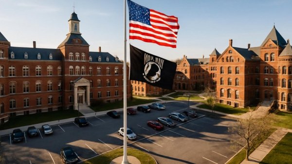 Aerial view of veteran's facility with flags, representing scams.
