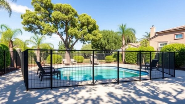 Secure pool area with safety fence on a sunny day promoting Pool Fence Safety Program.