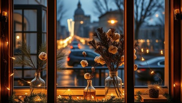 Cozy window with holiday string lights and festive decor, staging for holidays.