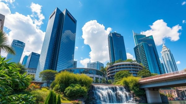 Investing in Greenville SC Real Estate: Urban view with waterfall and greenery.