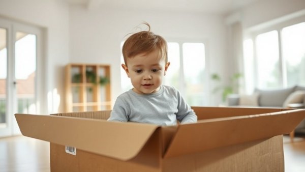 Young child exploring cardboard boxes during a move, Moving with Kids Tips.