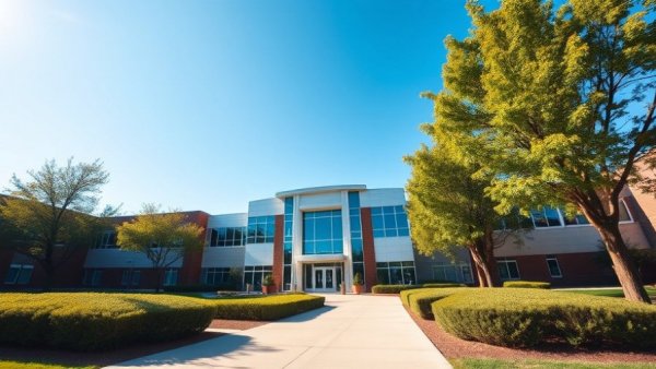 Tri-County Technical College campus building with lush greenery and bright sky.