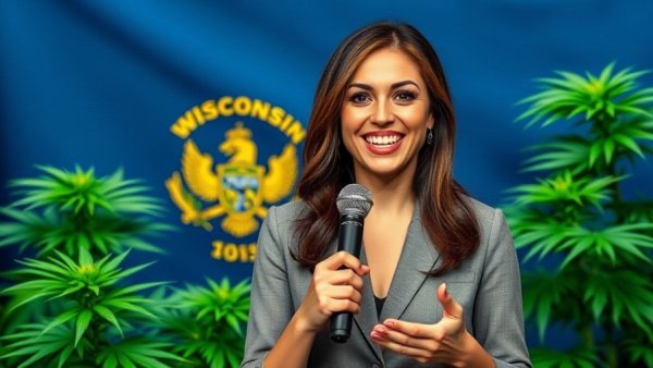 Woman presenting news on cannabis industry with Wisconsin state flag.