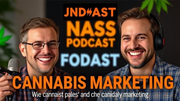 Cannabis industry podcast advertisement featuring two hosts.