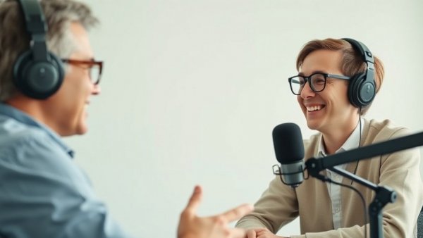 Podcast interview with Leafwire branding, two smiling individuals.