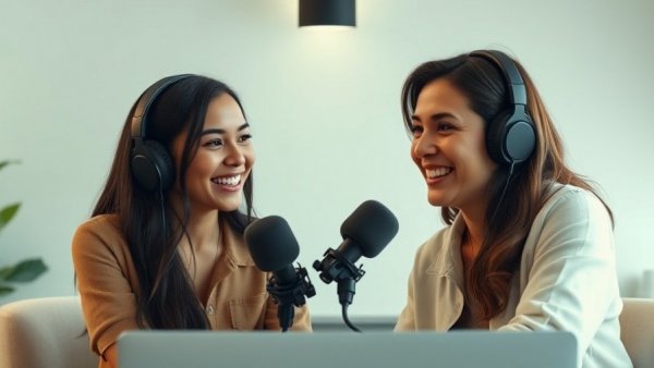 Podcast hosts on video call discussing engaging topics.