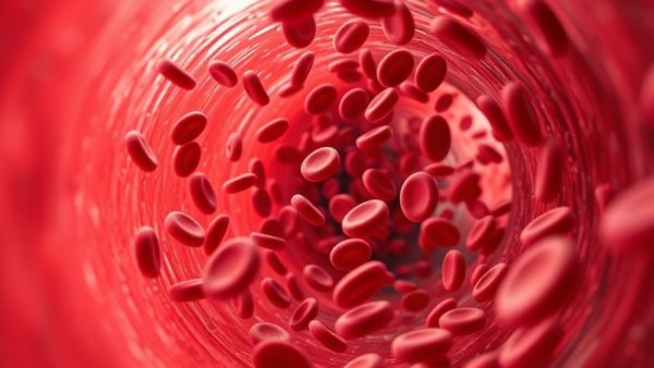 Red blood cells in artery illustrating long-term BP control, vivid detail.