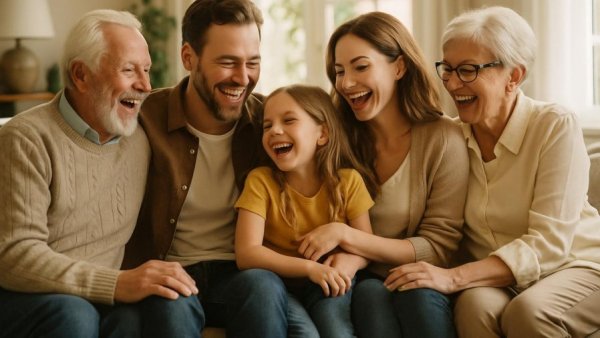 Cheerful family gathering, relevant to podcasts for seniors.