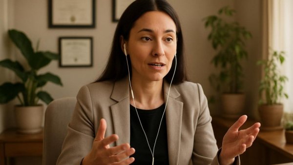 Professional woman discussing VA benefits for dependents in a home office.