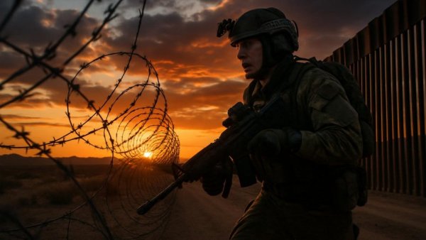 Military presence at the US-Mexico border during sunset patrol.
