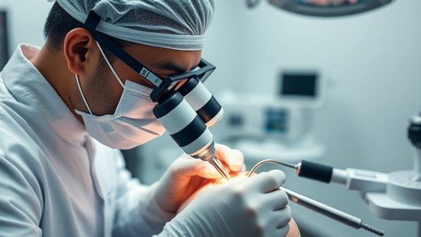 Dentist performing pulp treatment with microscope in clinic.