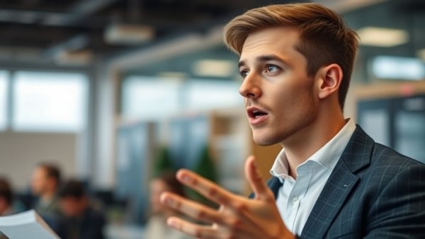 Young man speaking in an informative session on informed consent in dentistry.