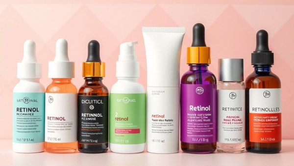 Assorted strong over-the-counter retinol products on pastel background.