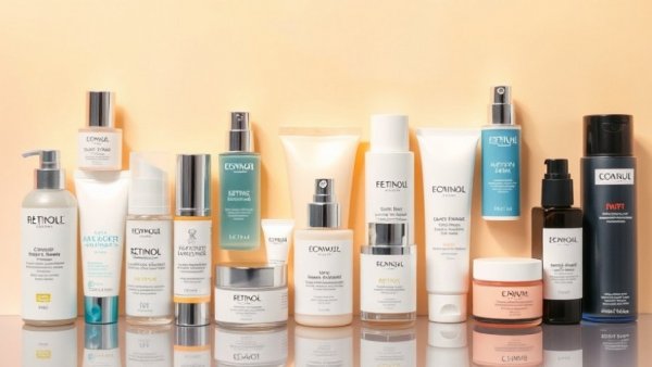 Assorted strong over the counter retinol products on pastel background.