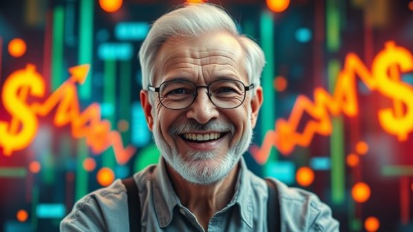 Vibrant image promoting making money online fast for beginners, featuring cheerful older man.