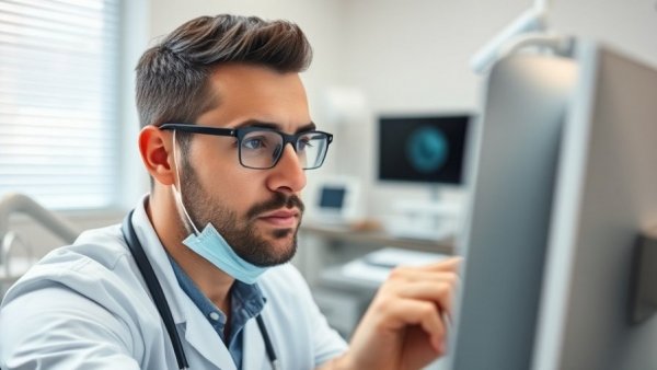 Dental professional analyzing computer screen in modern office
