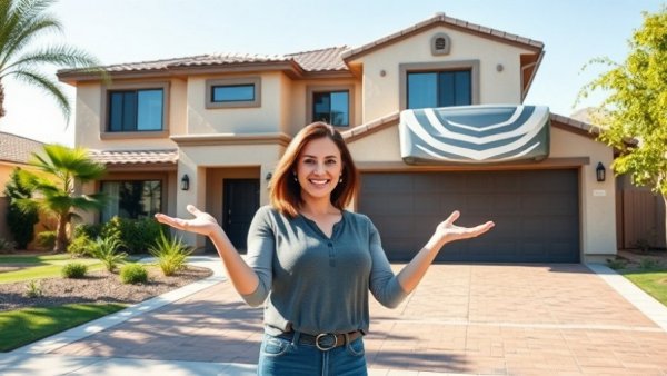 Affordable RV Garage Home in Phoenix: modern house with smiling woman.