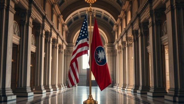 Historic hallway with U.S. and South Carolina flags, South Carolina Governor Polling 2026.