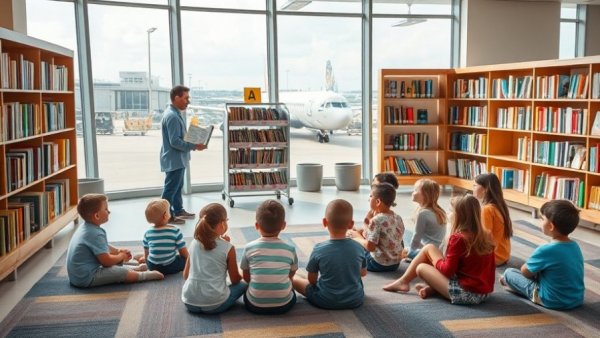 Little Libraries at Airports: Speaker reading to children in Culture Corner.