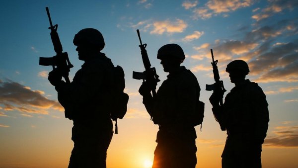 Silhouetted soldiers with rifles during sunrise.