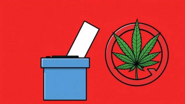 Political illustration with ballot box and cannabis theme.