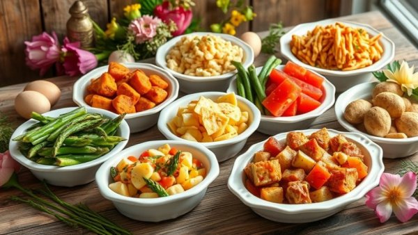 Colorful Easter side dishes displayed in elegant white dishes.