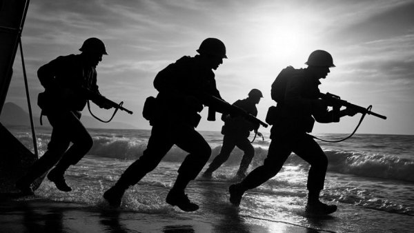 America's Vietnam War commitment depicted in a historic beach landing scene.