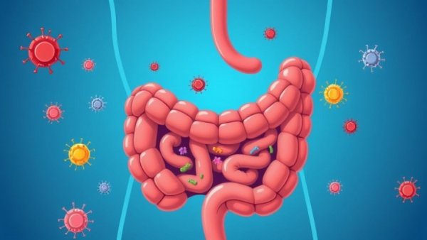 Cartoon depiction of intestines showing bacteria, fecal transplant concept.