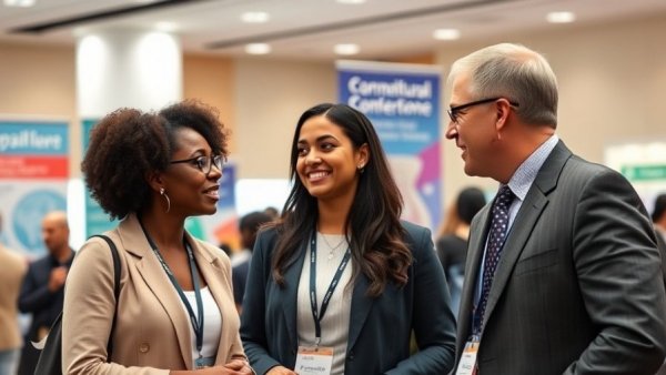 Professionals at dental conference discussing innovations.