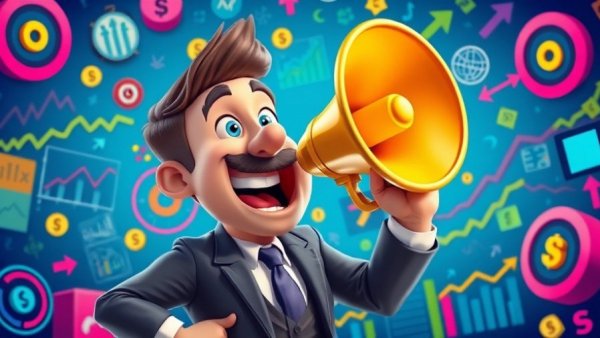 Exciting MLM software business marketing scene with vibrant graphics.