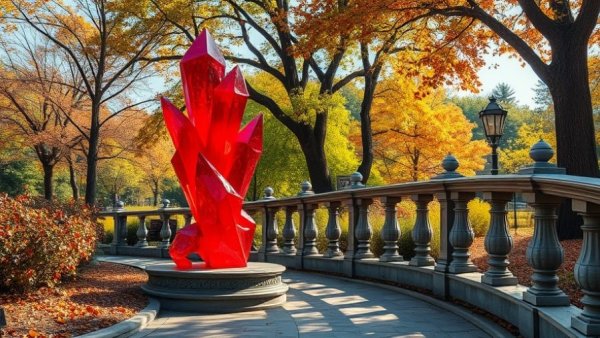 Sculpture in Greenville park with colorful autumn trees.