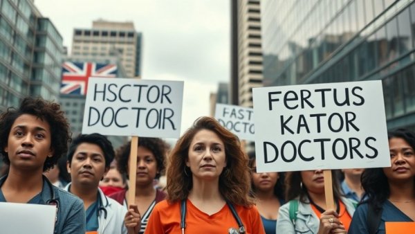 Resident doctors strike, individuals holding protest signs in city.