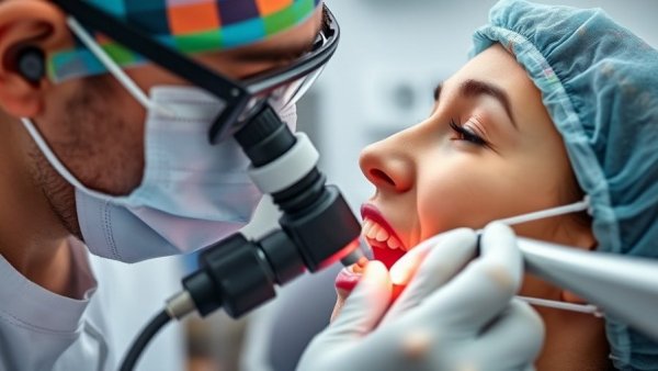 Dentist using magnification loupes in root canal treatment close-up.