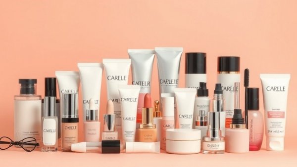 April Allure Beauty Box with cosmetics against peach backdrop.