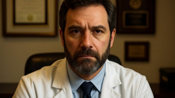 Man discusses VA medical examiner findings against an office backdrop.