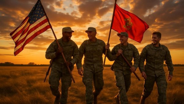 Military personnel walk at sunset with flags, military suicide prevention.