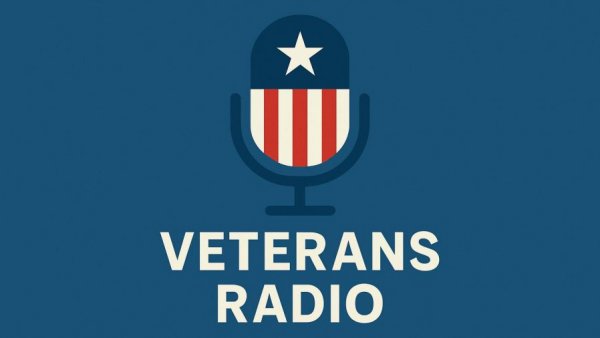 Veterans Radio podcast logo on blue background, Vietnam Combat veterans.
