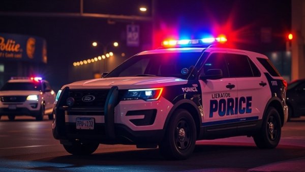 Peoria police vehicle in nighttime with flashing lights during investigation.
