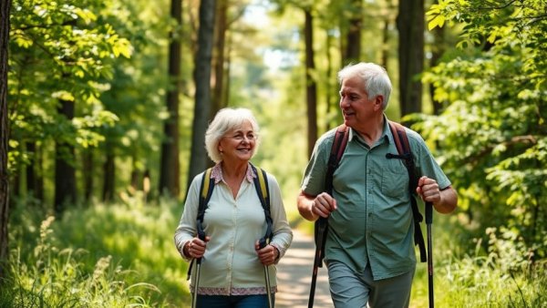 Elderly couple hiking in forest discussing healthy aging strategies.