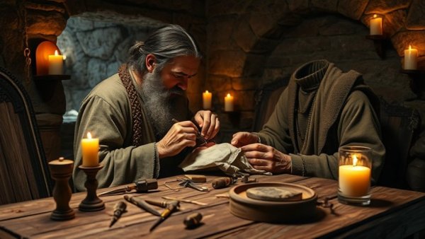 Ancient dental technology depiction with primitive tools in a stone room.