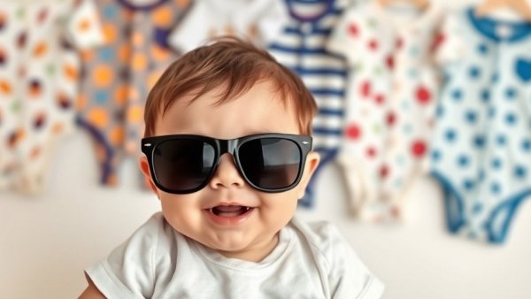 Baby smiles in sunglasses with short sleeve onesies displayed.