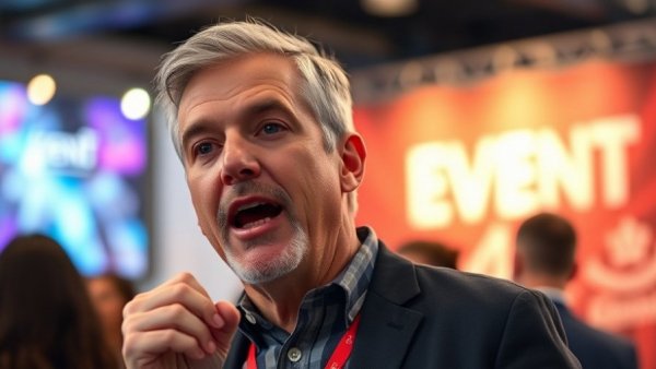 Middle-aged man at Curve Dental event in Chicago, 2026, speaking enthusiastically.