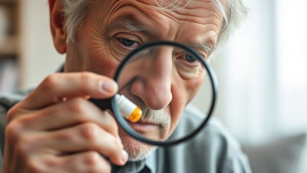 Elderly man inspects medication bottle for Alzheimer's disease.