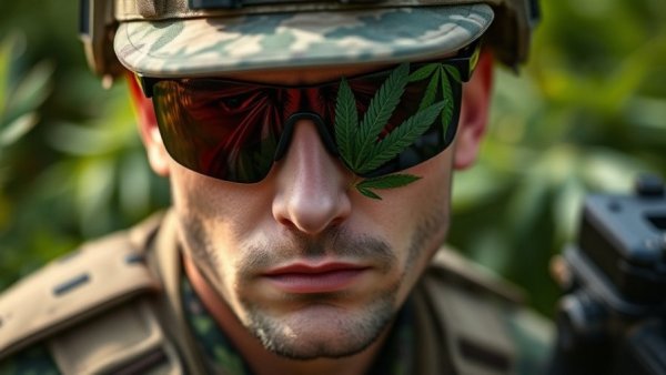 Military personnel with marijuana leaf sunglasses, serious expression.