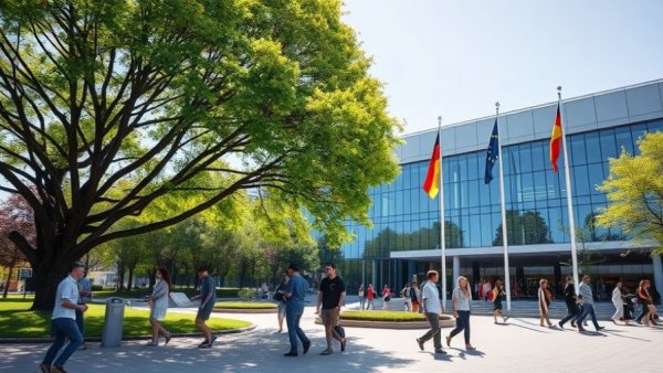 Modern German building with flags, representing cannabis reform context.
