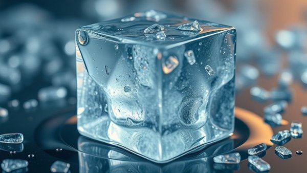 Close-up of melting ice cube with microplastics, pollution concept.